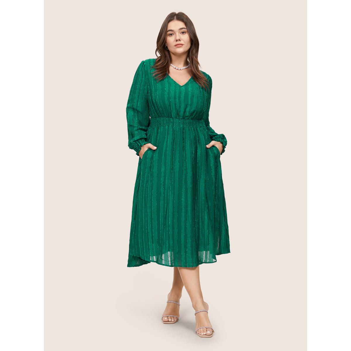 Plus Size Solid Lantern Sleeve Pocket Plisse Shirred Dress DarkGreen Women Party Texture V-neck Long Sleeve Curvy Midi Dress BloomChic 10/M Product Image