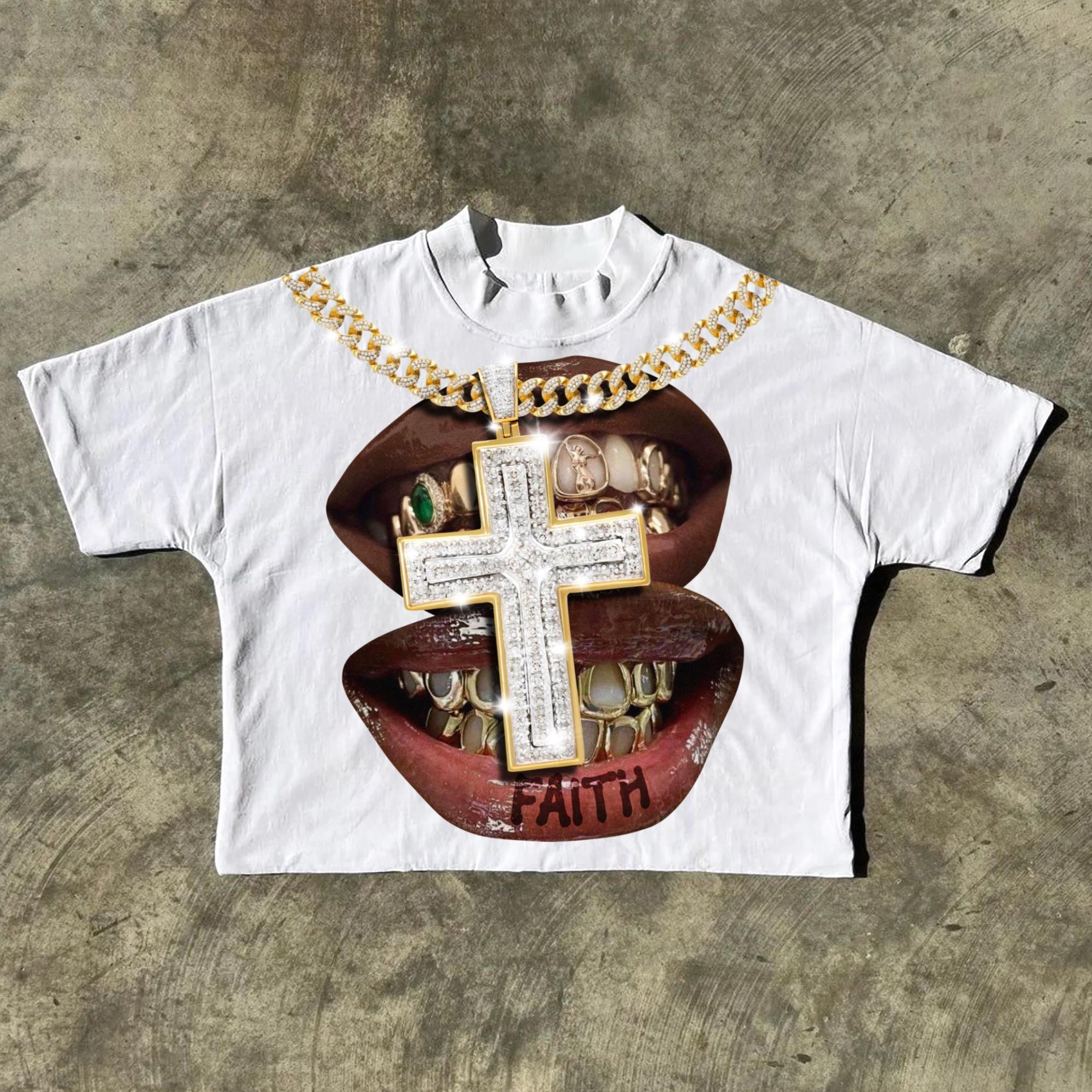 Faith Cross Diamond Necklace Lips Graphic Cotton Short Sleeve Cropped T-Shirts Product Image