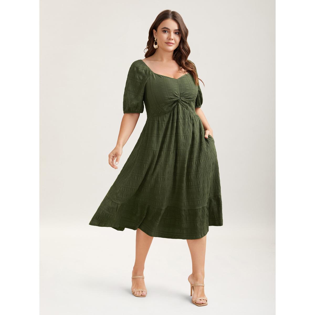 Plus Size Textured Front-Twist Square Neck Midi Dress ArmyGreen Women Elegant Twist V-neck Short sleeve Curvy BloomChic 14-16/1X Product Image