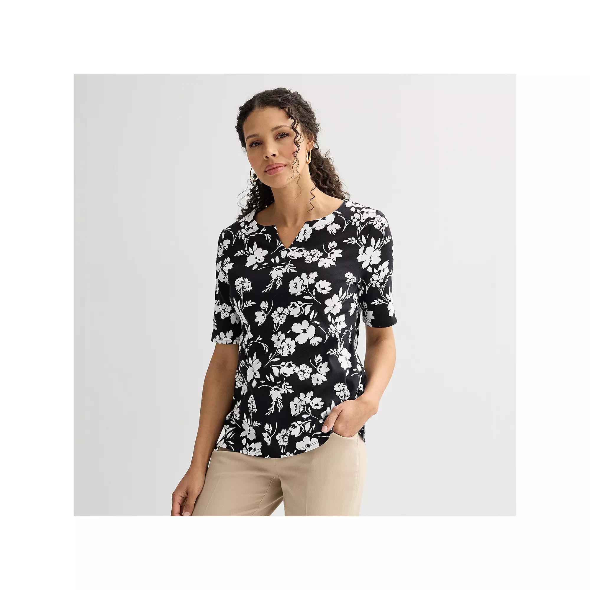 Women's Croft & Barrow® Elbow-Sleeve Splitneck Top, Size: XS, Black Shadow Floral Product Image