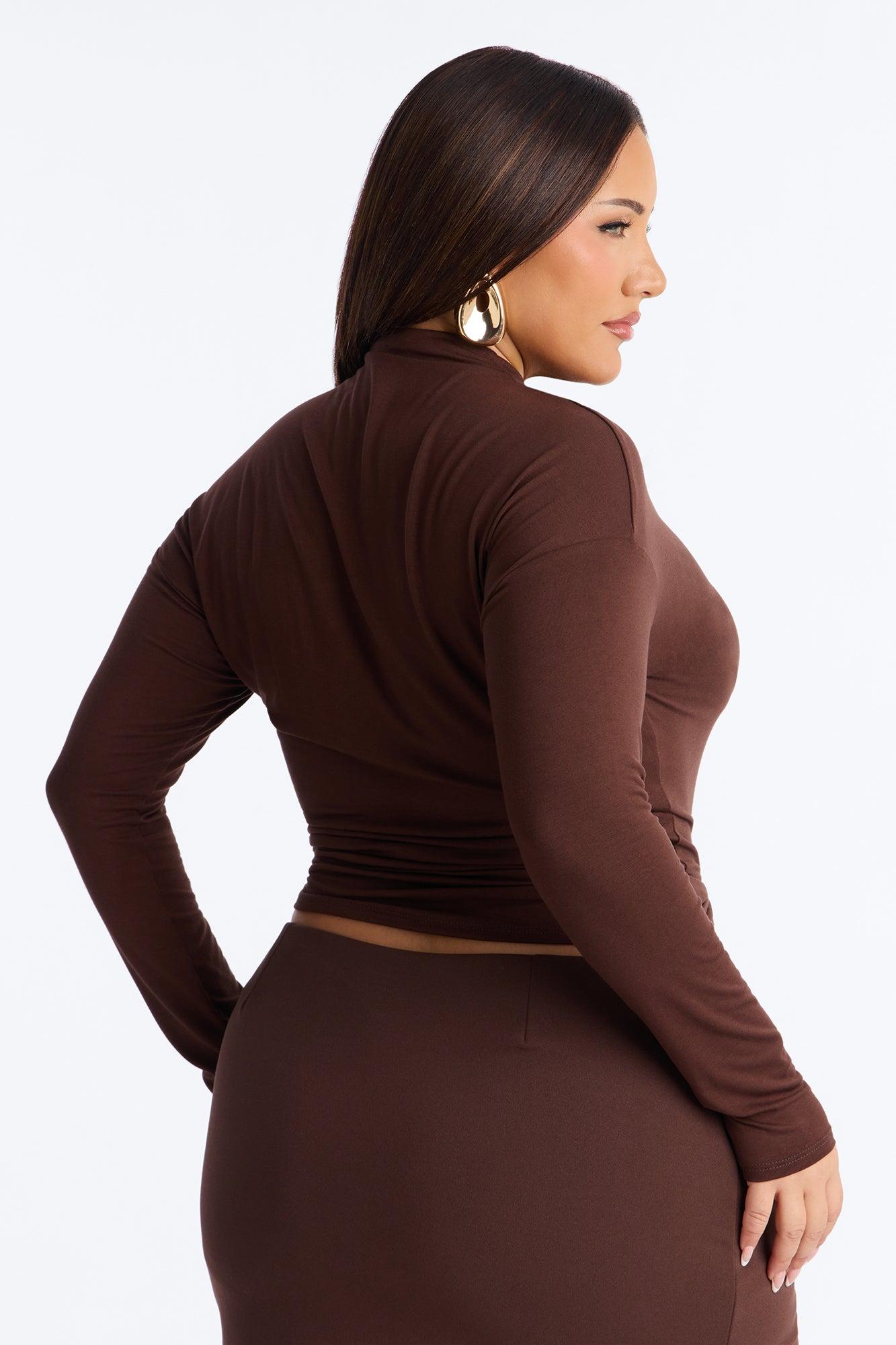 Pin Me Asymmetrical Neck Long Sleeve Top - Brown Female Product Image