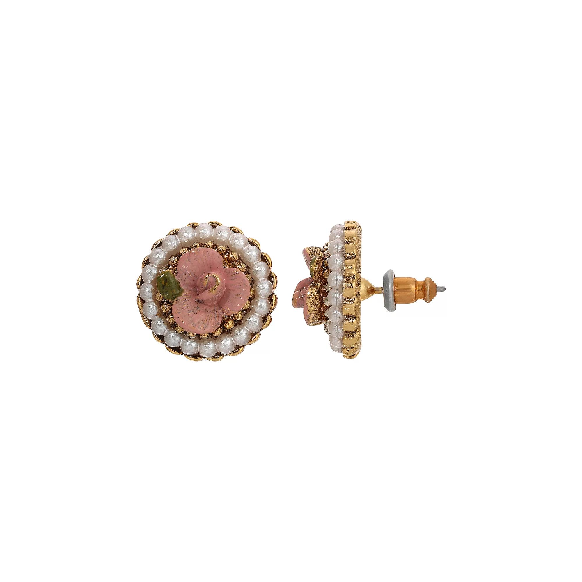 1928 Gold Tone Simulated Pearl Pink Flower Stud Earrings, Women's Product Image