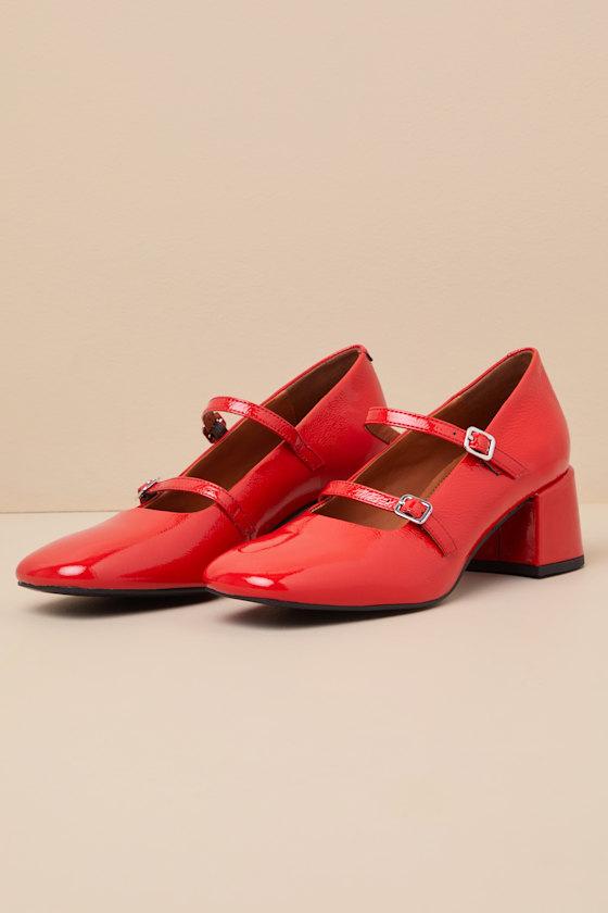 Adison Flame Red Leather Strappy Mary Jane Pumps Product Image