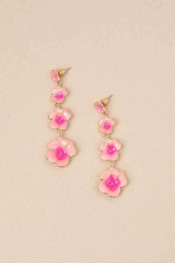 Blossoming Glow Pink and Gold Flower Drop Earrings Product Image