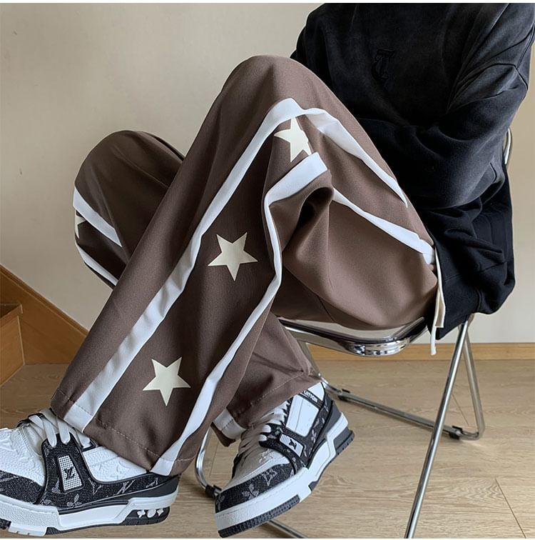 Drawstring Waist Star Print Panel Straight Leg Pants Product Image