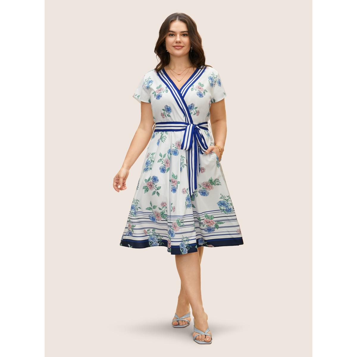 Plus Size Floral Patchwork Striped Wrap Cap Sleeve Dress Mediumblue Women Elegant Belted V-neck Cap Sleeve Curvy BloomChic 14-16/1X Product Image