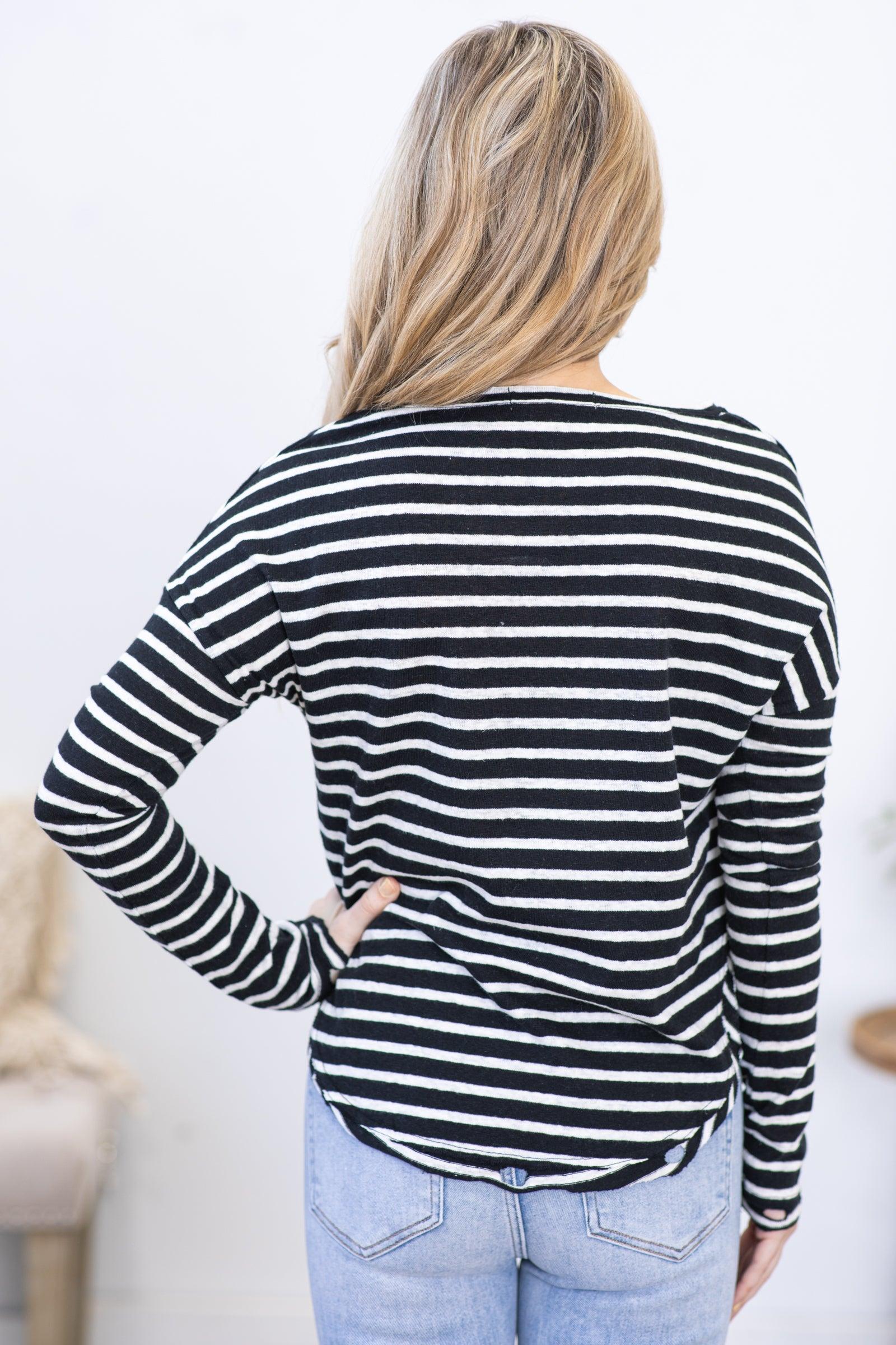 Black and Ivory Curve Hem Stripe Knit Top Product Image