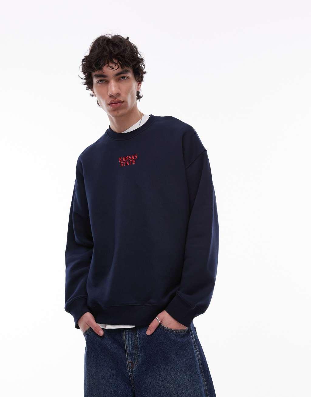 Topman oversized fit sweatshirt with Kansas State embroidery in black Product Image