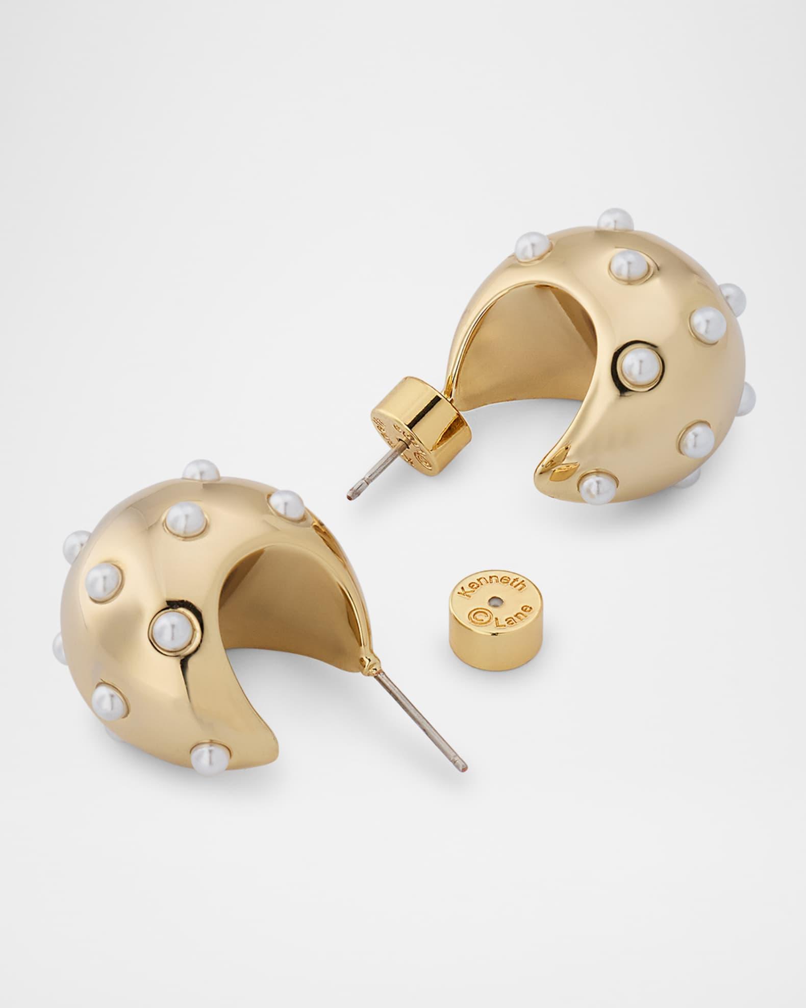 14K Yellow Gold Plated Pearly Huggie Hoop Earrings Product Image