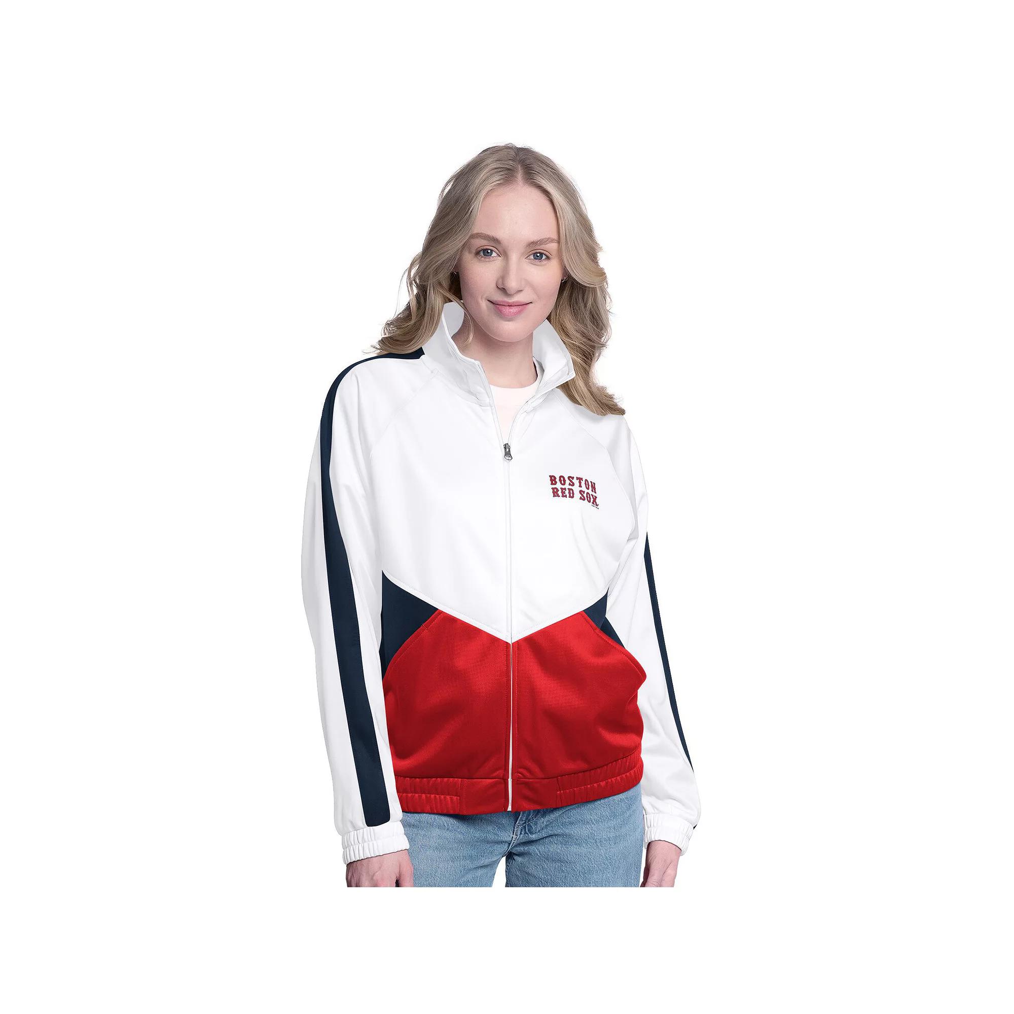 Women's G-III Sports by Carl Banks White/Navy Cleveland Guardians Rally Rhinestone Raglan Full-Zip Track Jacket,  Product Image