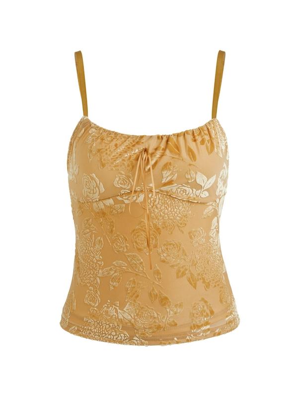 Velvet Floral Jacquard Bow Decor Cami Top Product Image