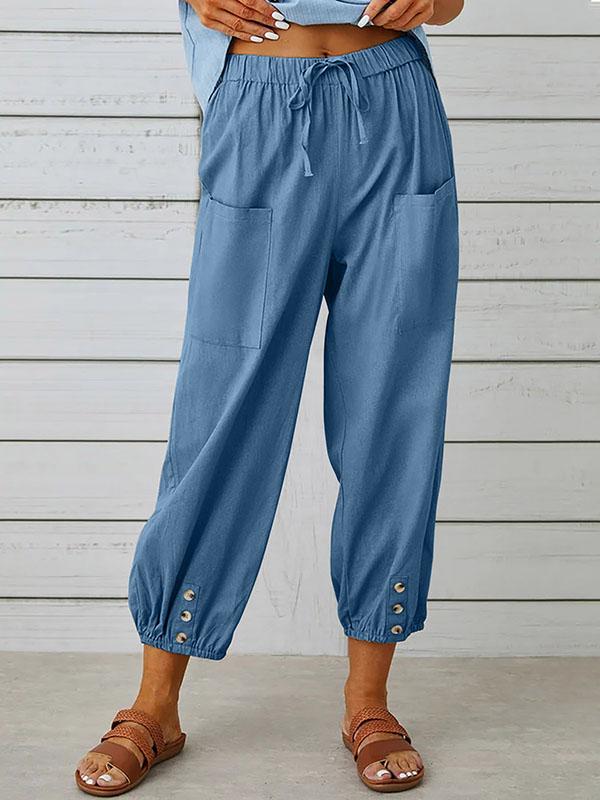 High Waisted Loose Buttoned Drawstring Elasticity Pockets Split-Joint Ninth Pants Trousers Product Image