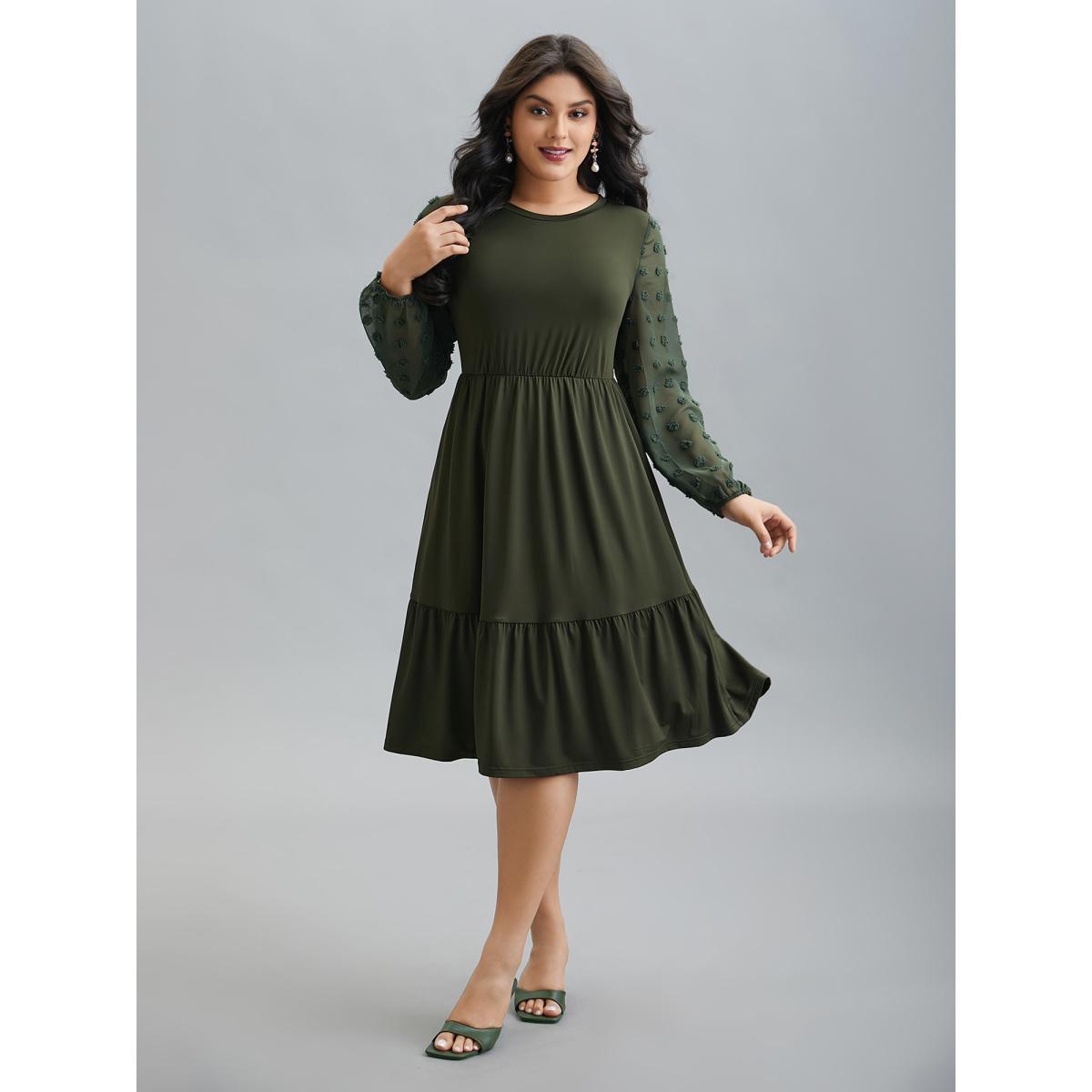 Plus Size Sheer Chiffon Textured Waist-Defined Midi Dress ArmyGreen Women Elegant Texture Round Neck Extra Long Sleeve Curvy BloomChic 28/5X Product Image