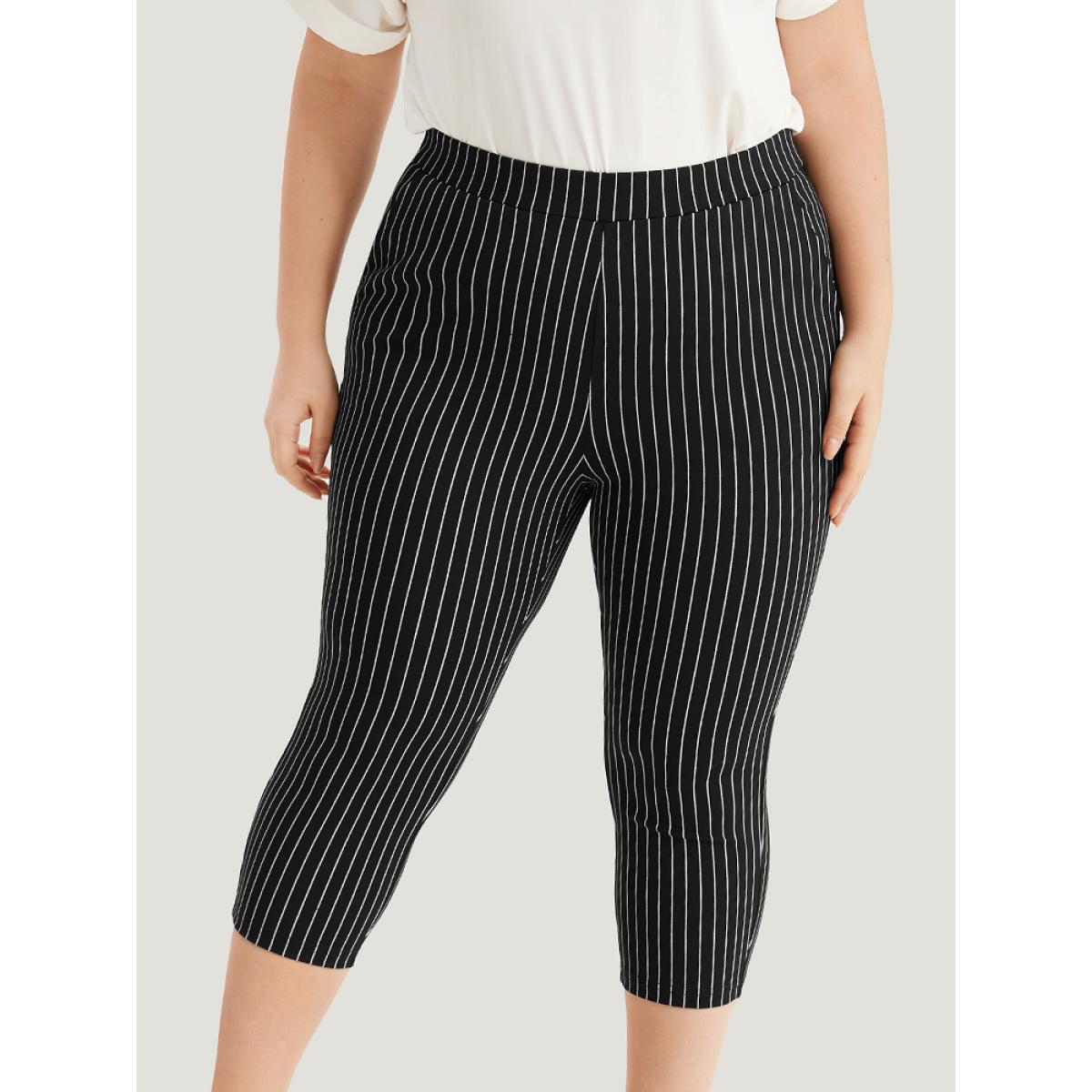 Plus Size Striped High Rise Pocket Elastic Waist Skinny Pants Women Black Office Skinny High Rise Office Pants BloomChic 10/M Product Image