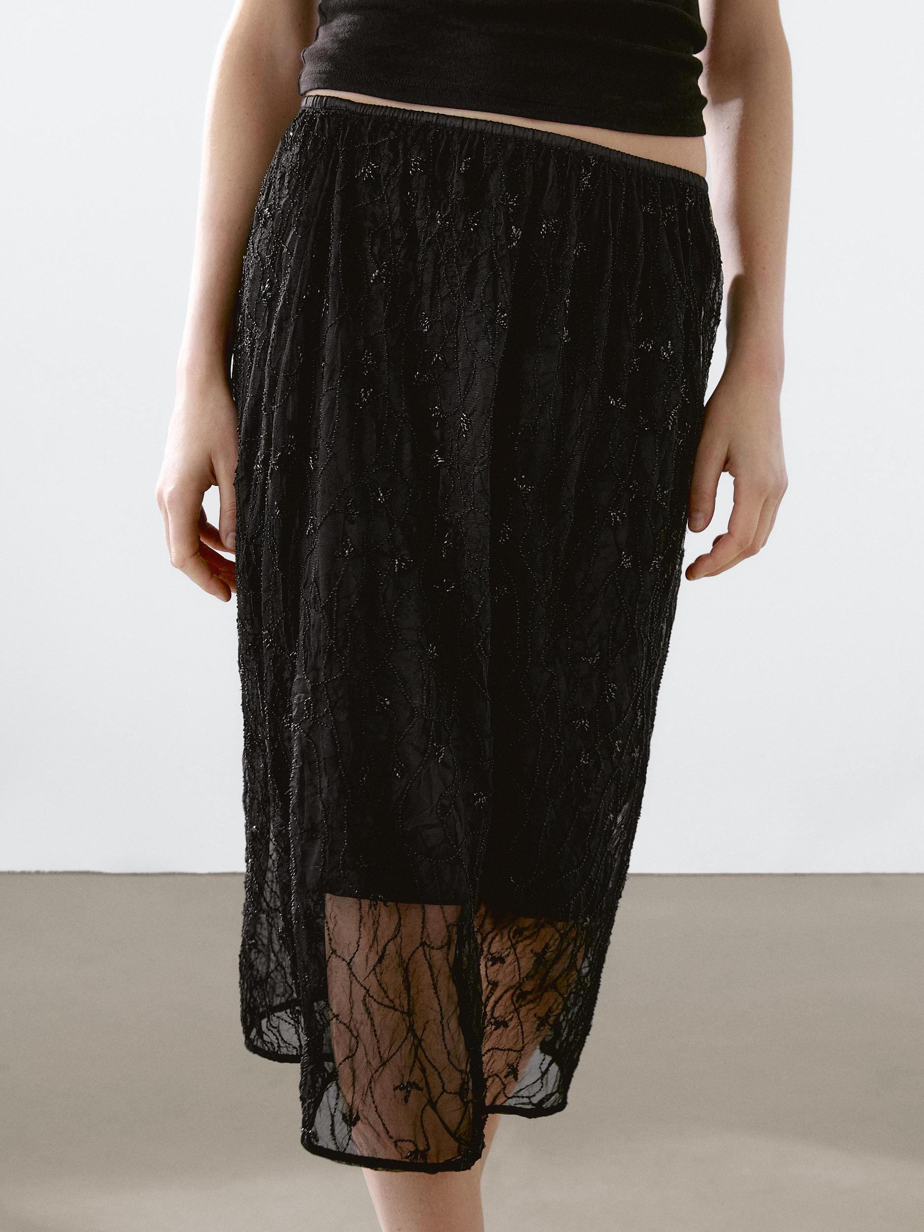 Semi-sheer midi skirt with rhinestone detail Product Image