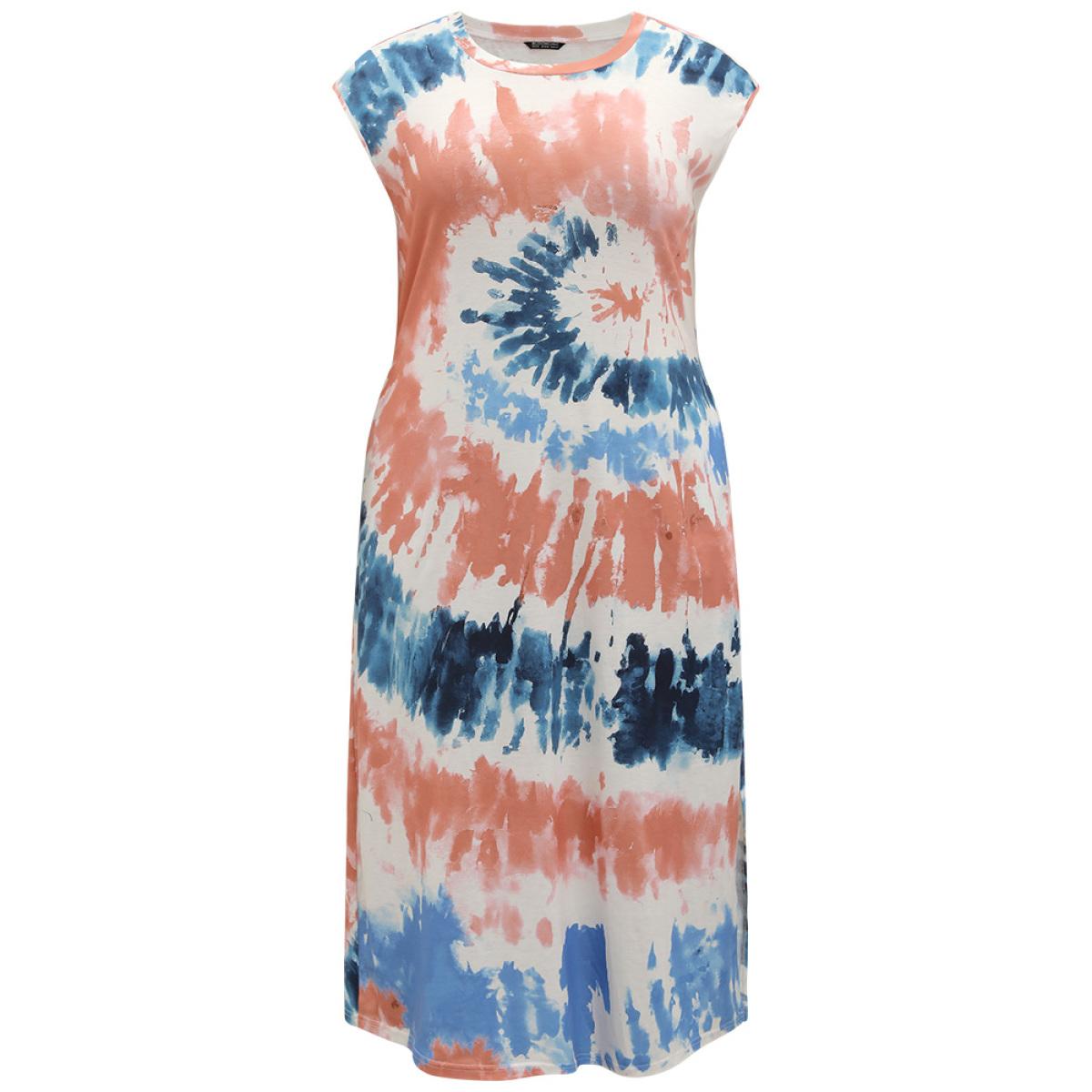 Plus Size Tie Dye Split Hem Pocket Crew Neck Sleeveless Dress Multicolor Women Casual Tie Dye Round Neck Sleeveless Curvy Midi Dress BloomChic 22-24/3X Product Image