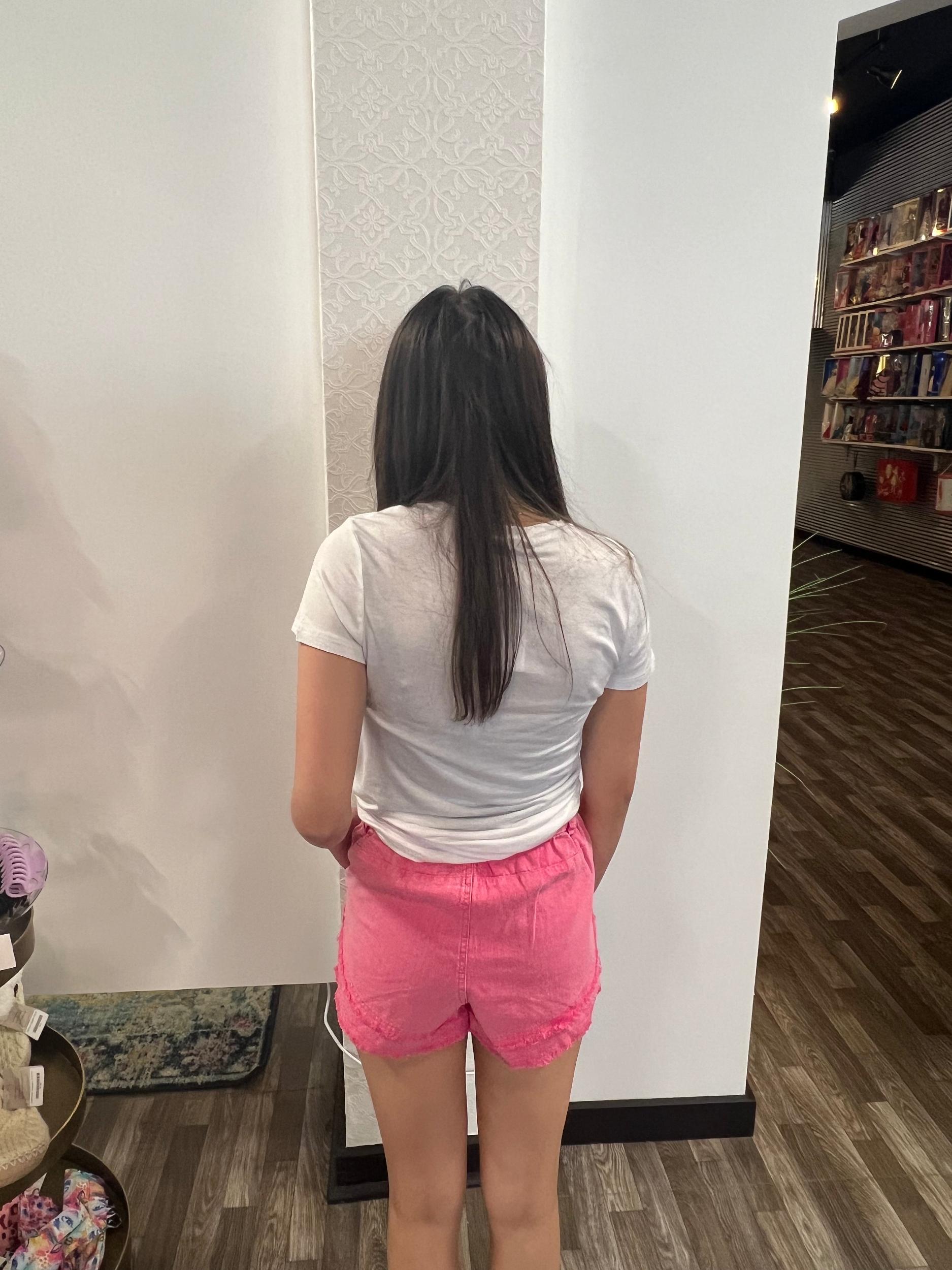 Pink Frayed Layered Washed Cotton Twill Denim Shorts Product Image