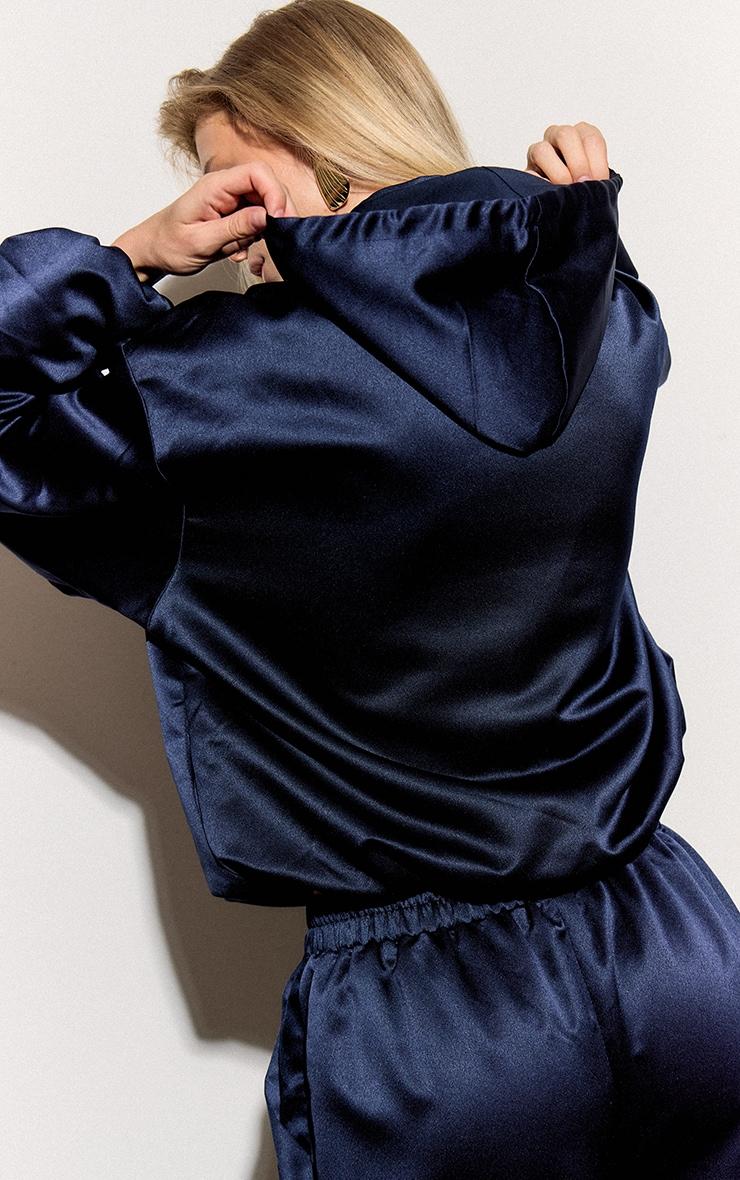 Navy Satin Zip Up Hooded Pullover Jacket Product Image