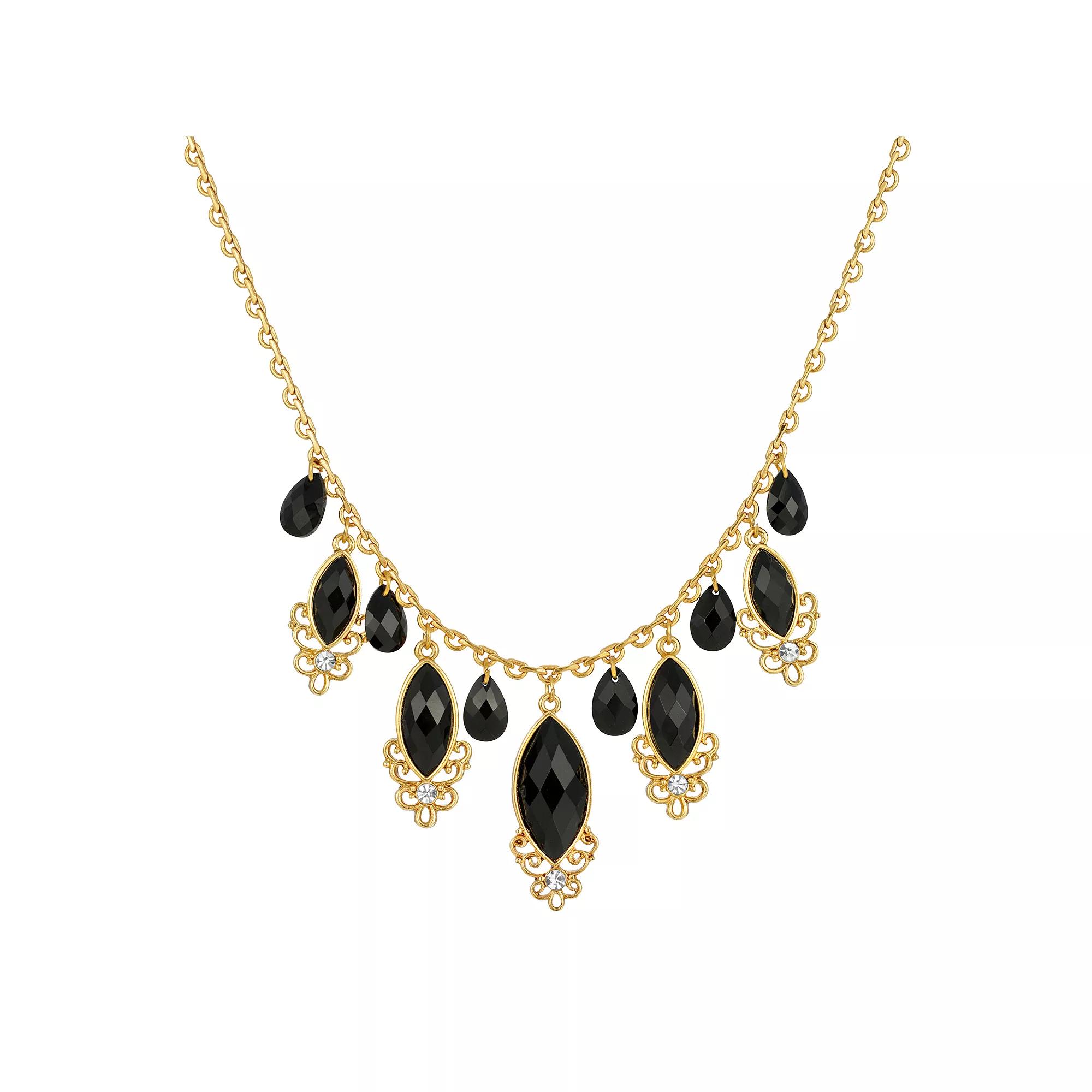 1928 Gold Tone Black Crystal Teardrop Necklace, Womens Product Image