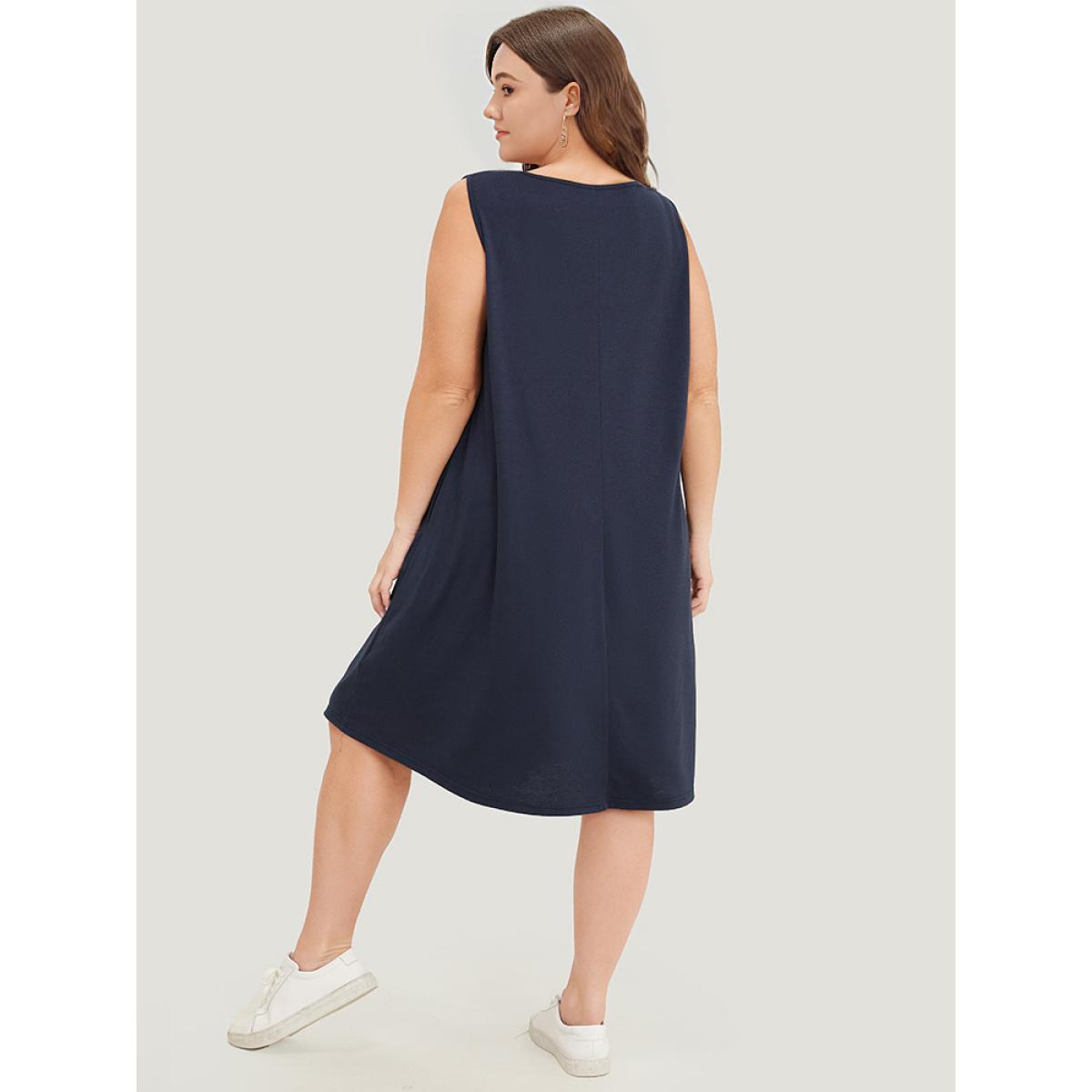 Plus Size Geometric Embroidered Gathered Pocket Tank Dress Navy Women Casual Gathered Round Neck Sleeveless Curvy Midi Dress BloomChic 12/L Product Image