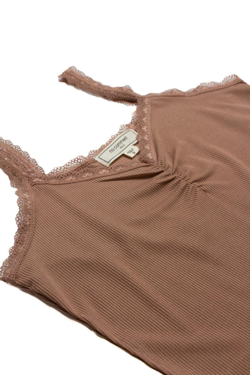 Brown Ruched Lace Trim Cami Product Image