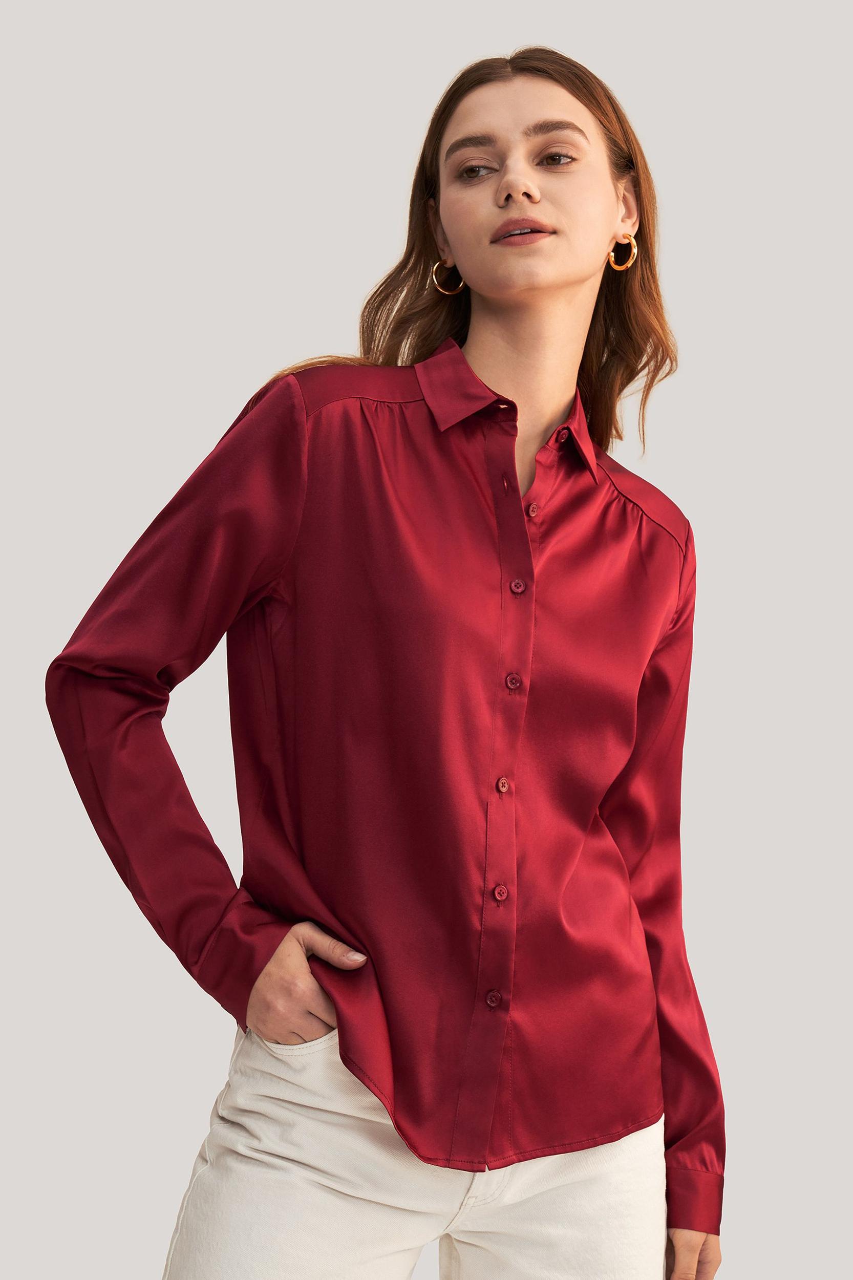 Long Sleeves Collared Silk Blouse Product Image