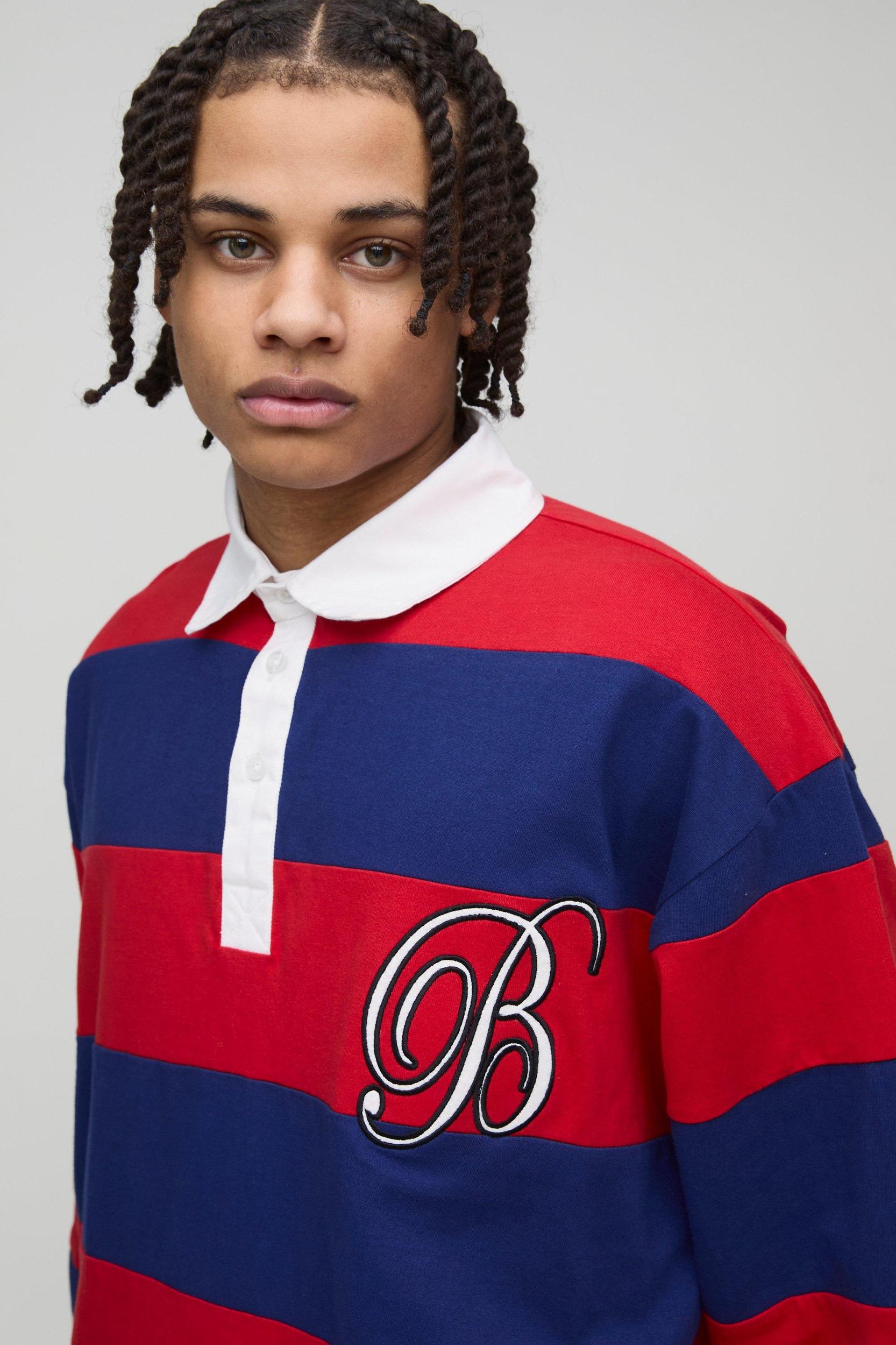 Oversized Heavyweight Cut and Sew Applique Rugby Polo | boohooMAN USA Product Image