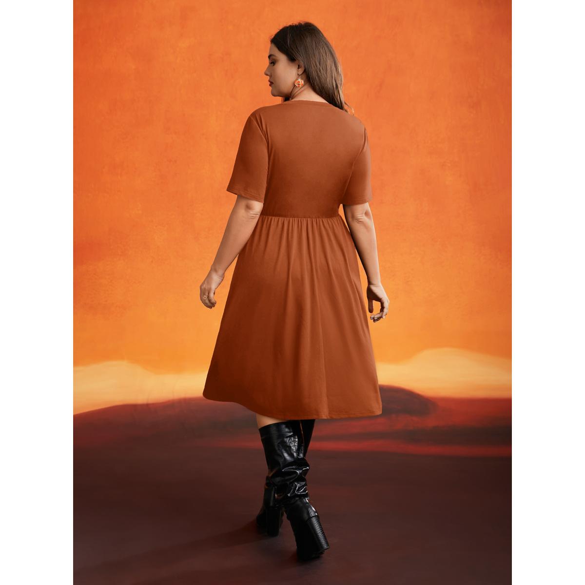 Plus Size Stretch Fabric Pumpkin Cut Out Midi Dress Coral Women Playful Button Party Curvy Bloomchic 18-20/2X Product Image