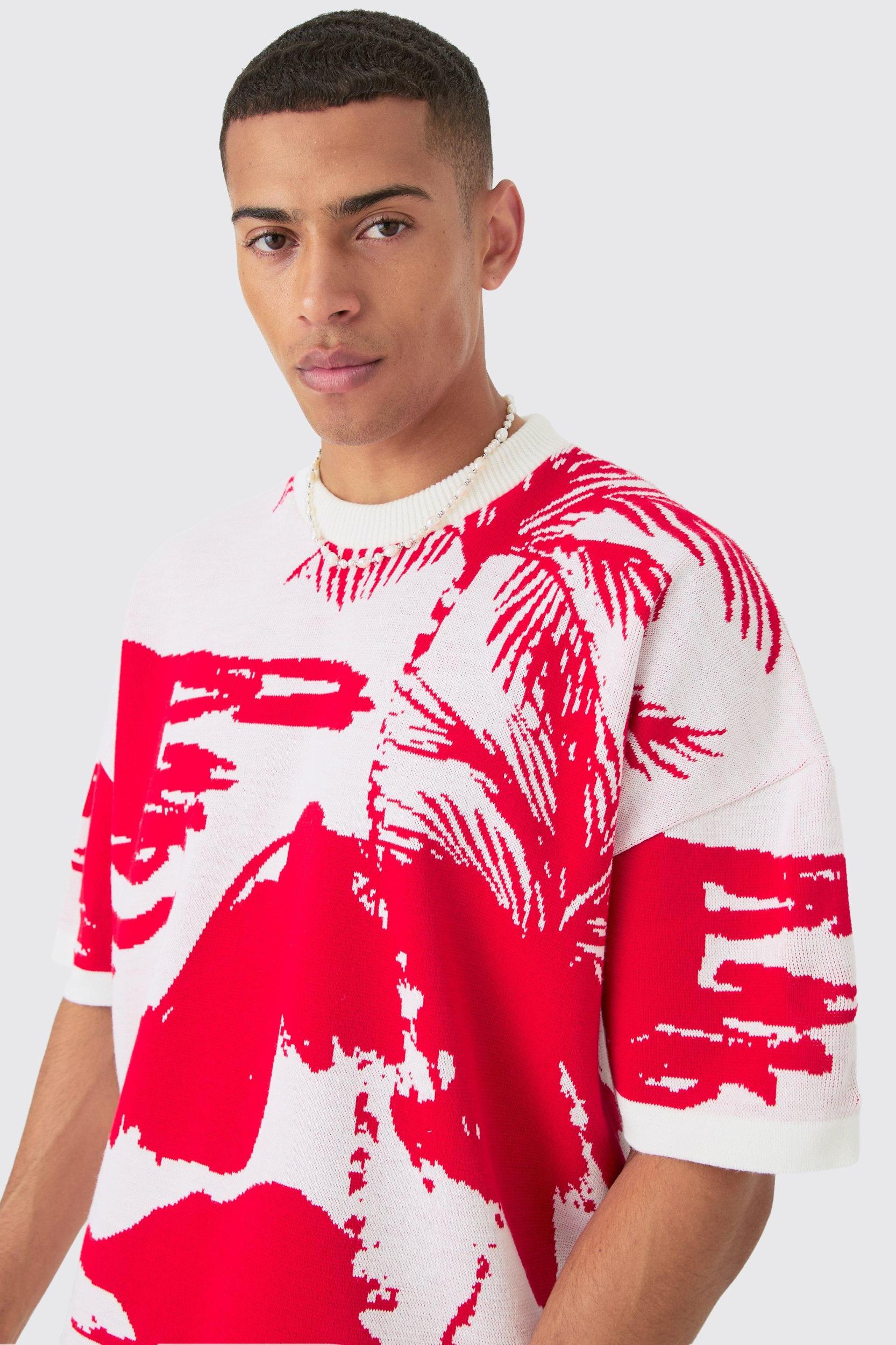 Oversized Line Scenic Knitted T-shirt | boohooMAN USA Product Image