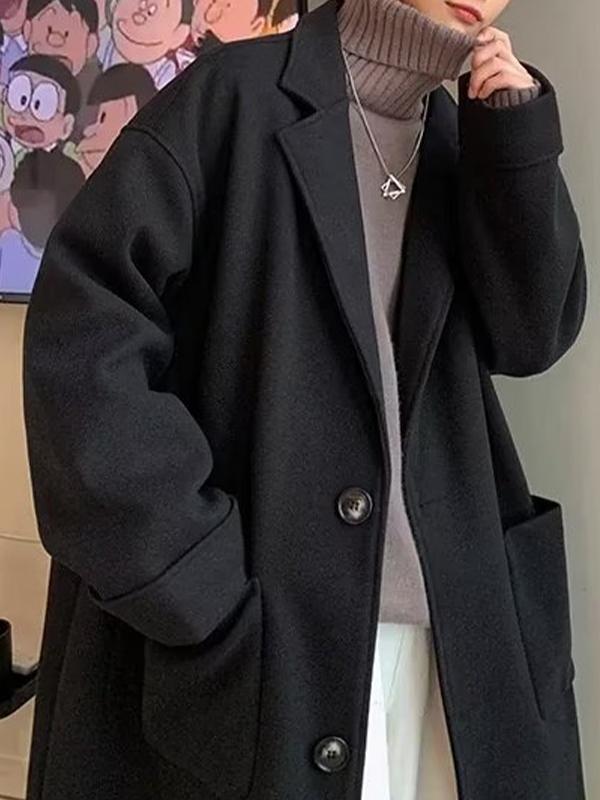 Men's Solid Lapel Neck Longline Woolen Coat Product Image