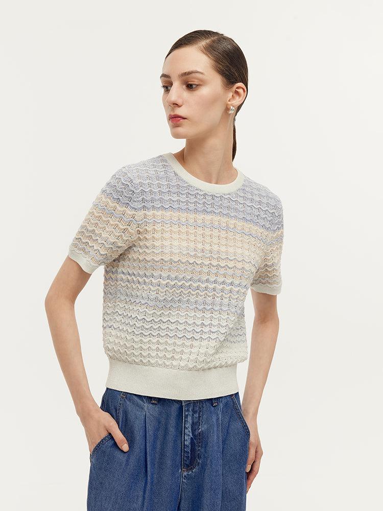 Blue And White Gradient Stripe Women Knit Top Product Image