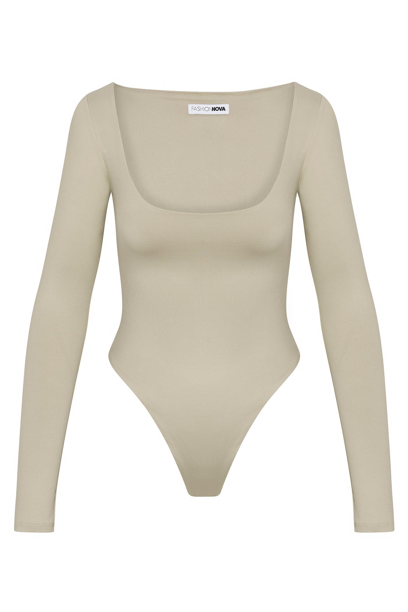 Contour Double Lined Long Sleeve Wide Scoop Neck Bodysuit - Stone Female Product Image