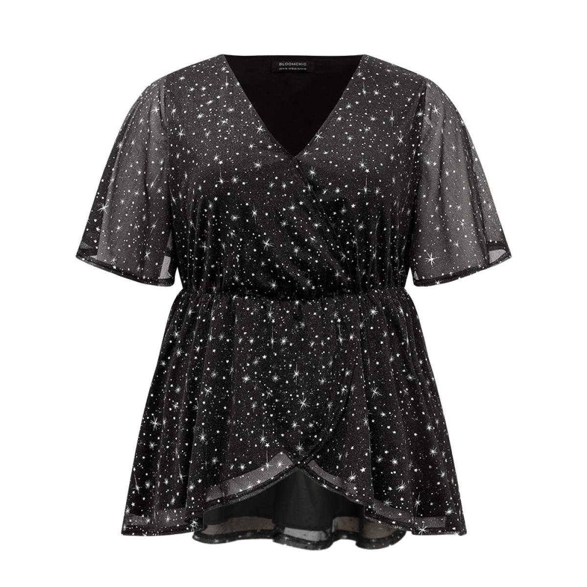 Plus Size Black Halloween Star Glitter Wrap Mesh Flutter Sleeve Blouse Women Elegant Short sleeve V-neck Festival-Halloween Blouses BloomChic 10/M Product Image
