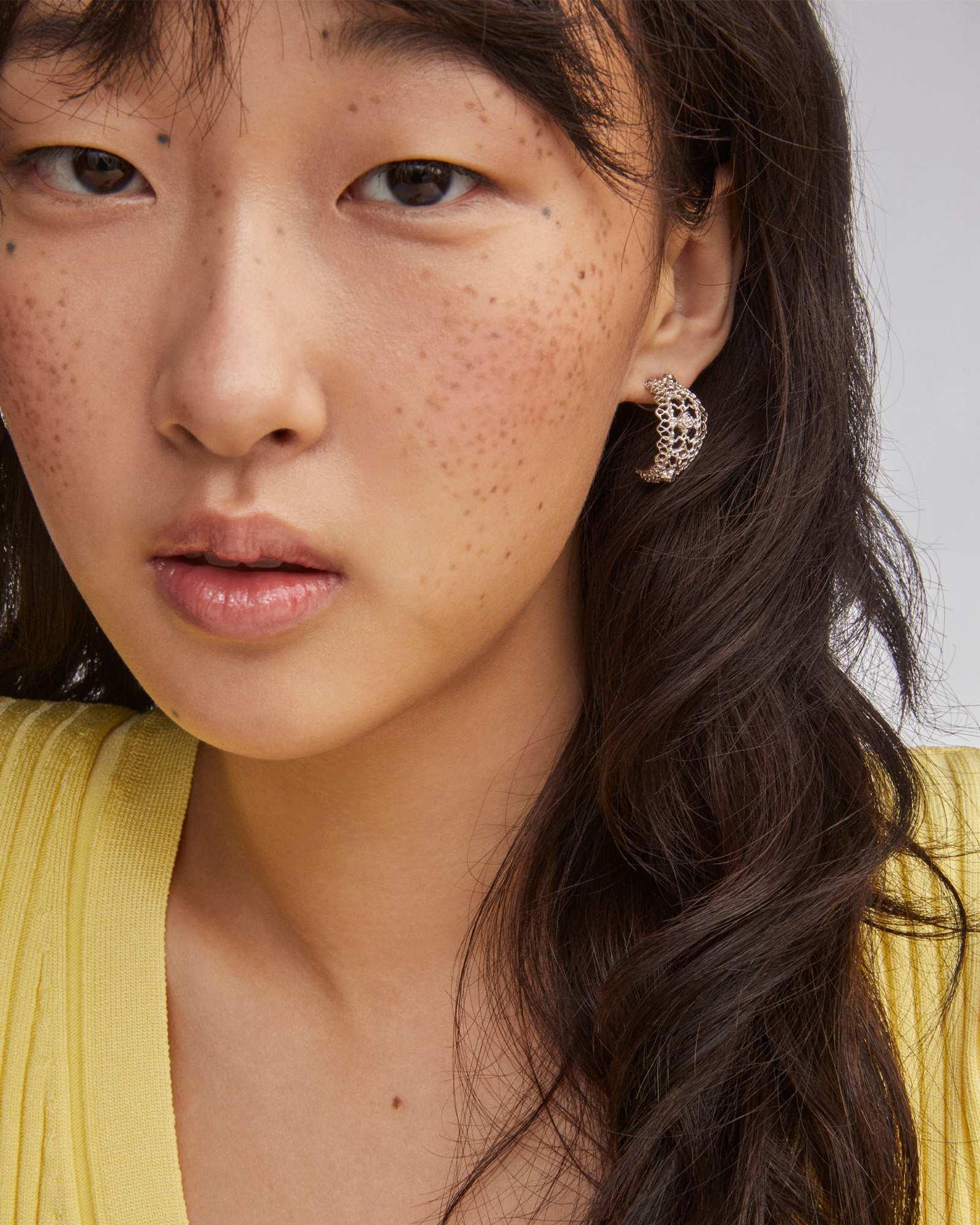 Krista Lace Silver Huggie Earrings Product Image