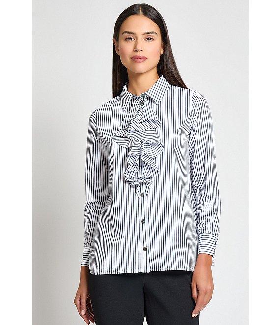 Ming Wang x Tanya Foster Cotton Pinstripe Point Collar Water Fall Long Sleeve Blouse Product Image
