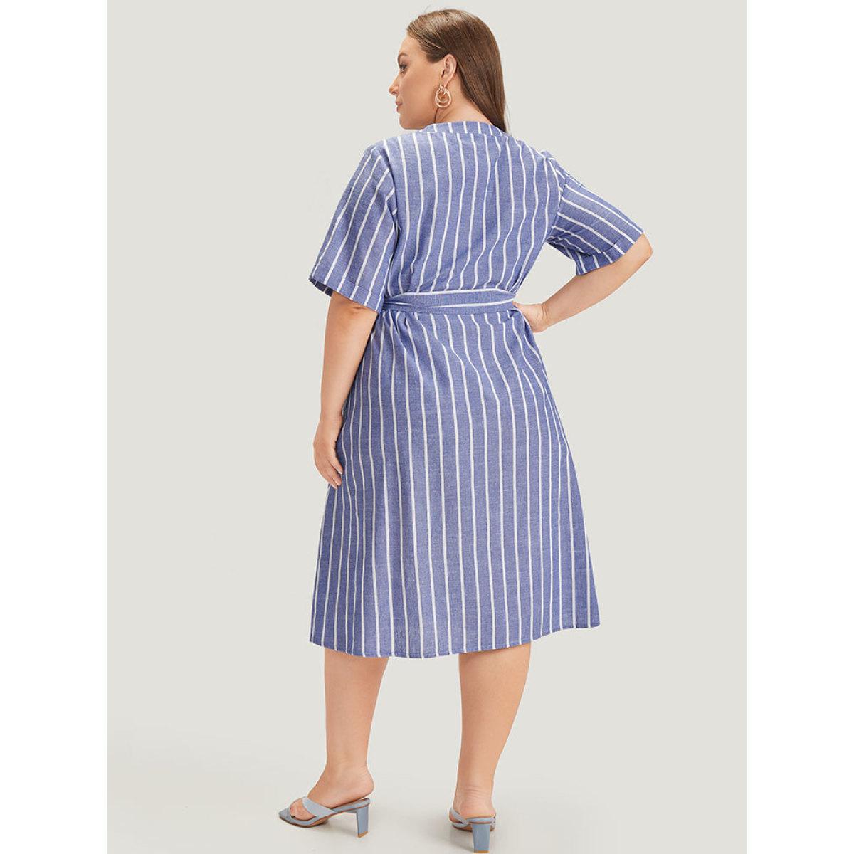Plus Size Striped Print Belt Pocket Notched Button Up Dress Blue Women Office Cross straps Notched collar Short sleeve Curvy Midi Dress BloomChic 22-24/3X Product Image