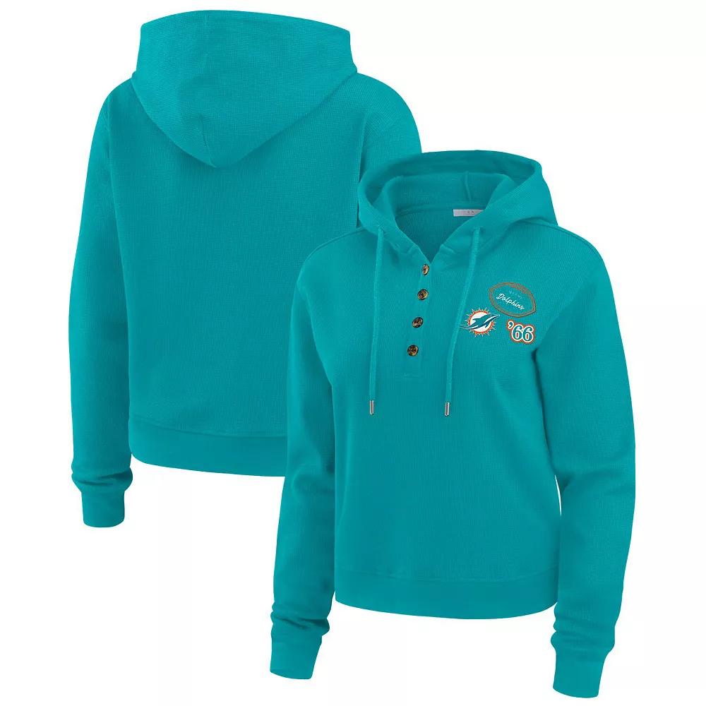 Women's WEAR by Erin Andrews Aqua Miami Dolphins Waffle Hoodie Pullover Top,  Product Image