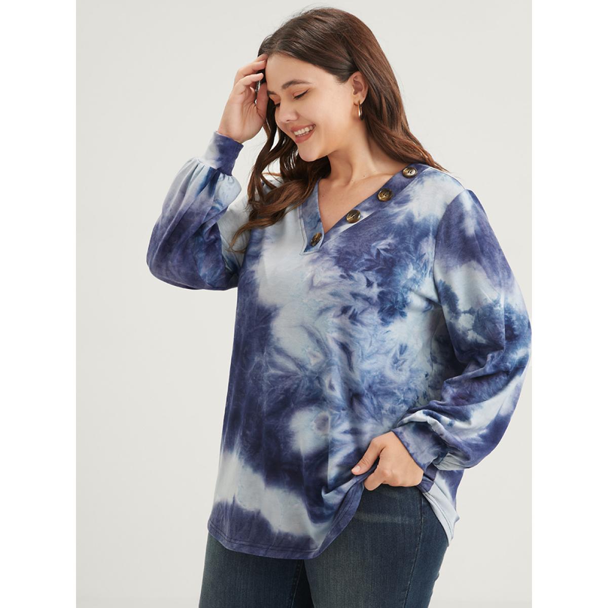 Plus Size Tie Dye Fake Button V Neck Sweatshirt Women Blue Casual Tie Dye Loose V-neck Dailywear Sweatshirts BloomChic 26/4X Product Image
