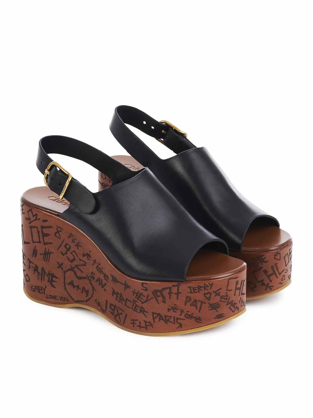 CHLOÉ Maxime Leather Slingback Platform Wedge Sandals In Black Product Image