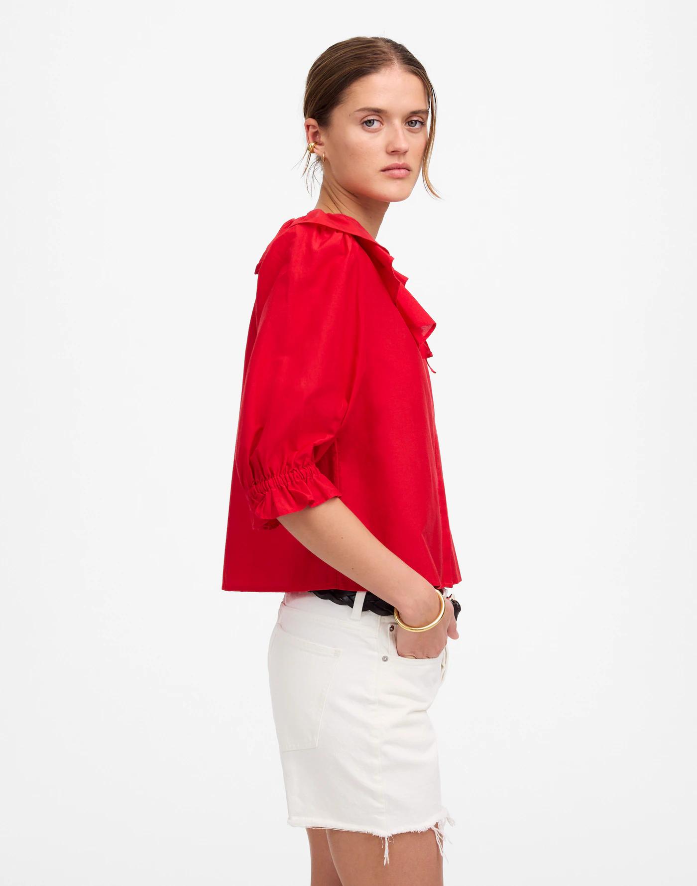 Ruffled Y-Neck Top in Cotton-Silk Product Image