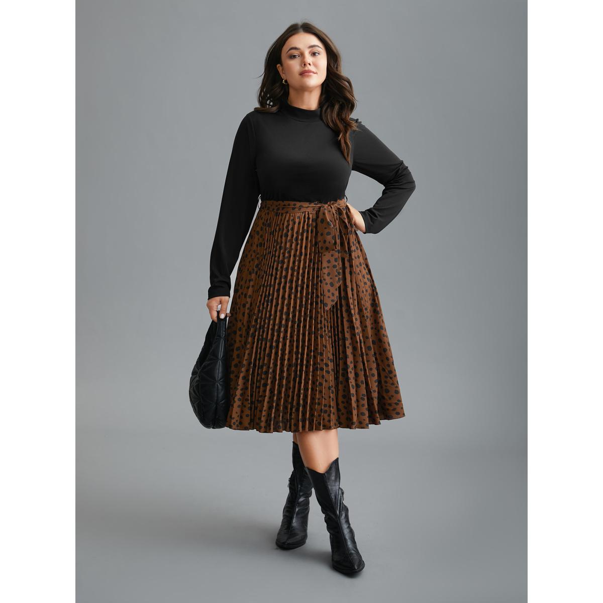 Plus Size Leopard Print Pleated Mock Neck Midi Dress Bronze Women At the Office Belted Mock Neck Long Sleeve Curvy BloomChic 30/6X Product Image
