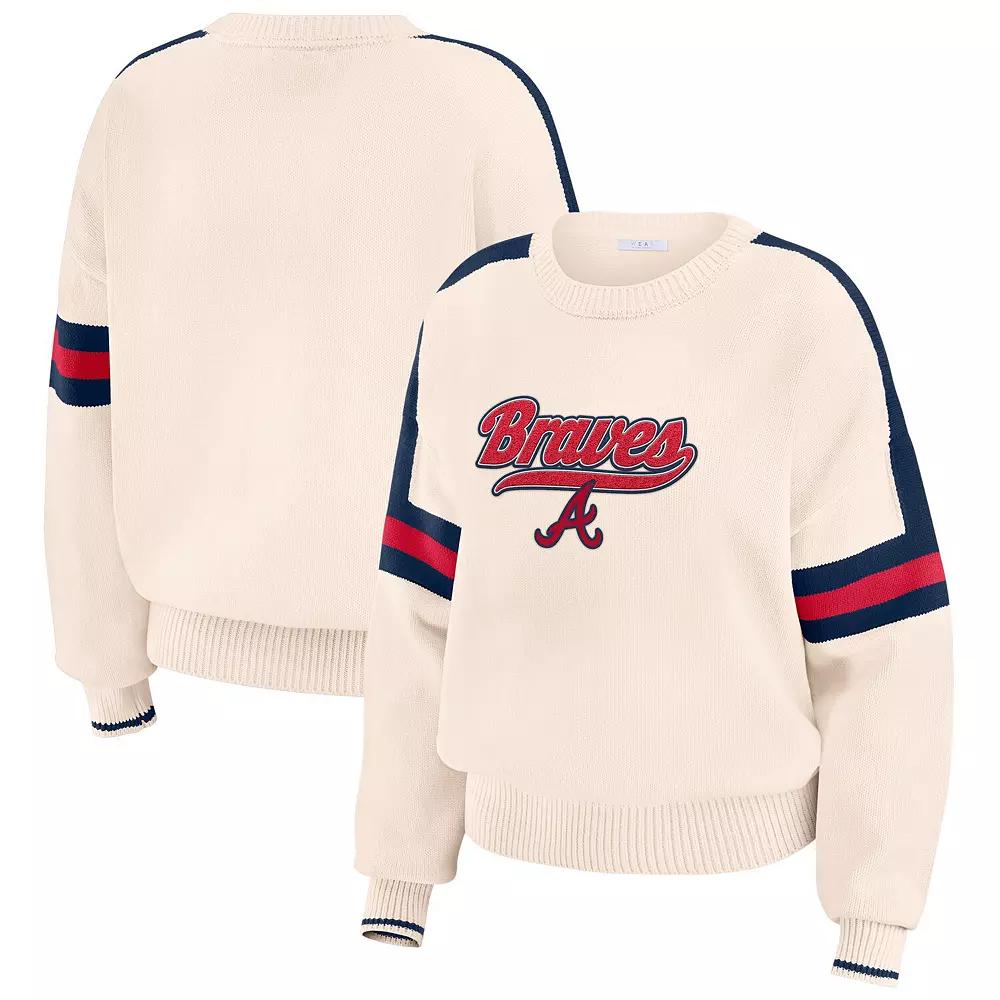 Women's WEAR by Erin Andrews Cream Atlanta Braves Stripe Pullover Sweater,  Product Image