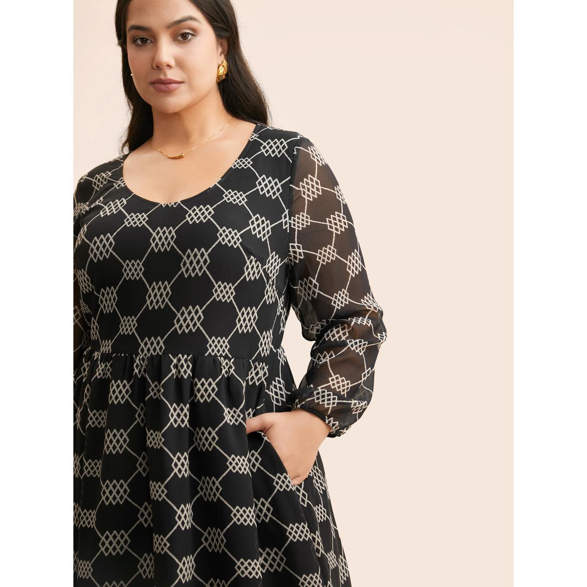 Plus Size U Neck Geometric Mesh Dress BlackFlower Women At the Office See through U-neck Long Sleeve Curvy BloomChic 26/4X Product Image