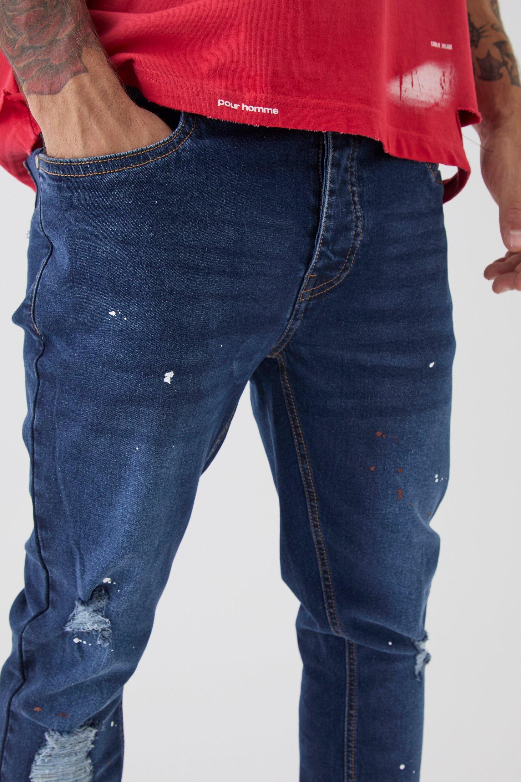 Skinny Stretch Stacked Distressed Paint Splatter Denim Jeans | boohooMAN USA Product Image