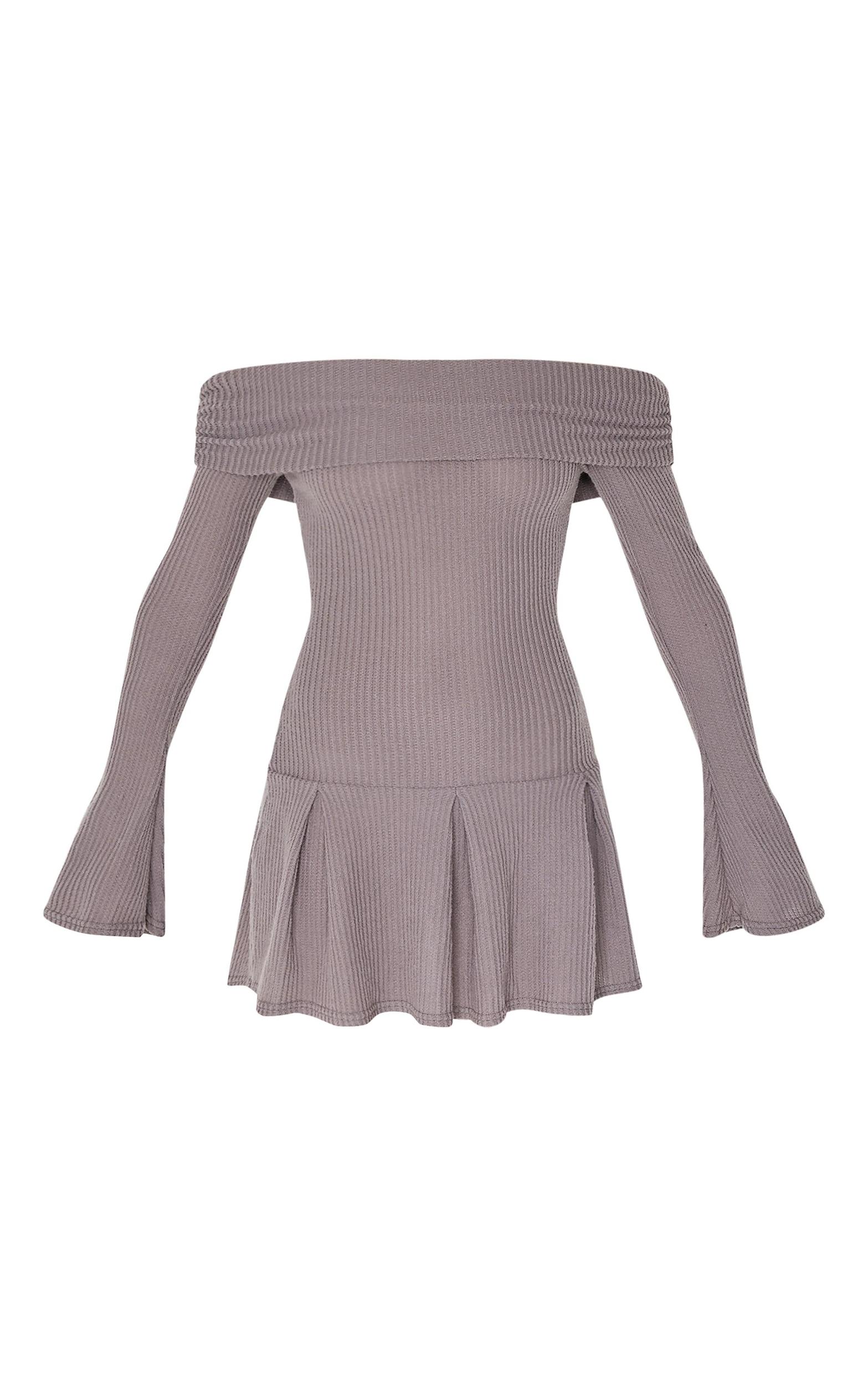 Charcoal Waffle Textured Bardot Pleated Shift Dress Product Image