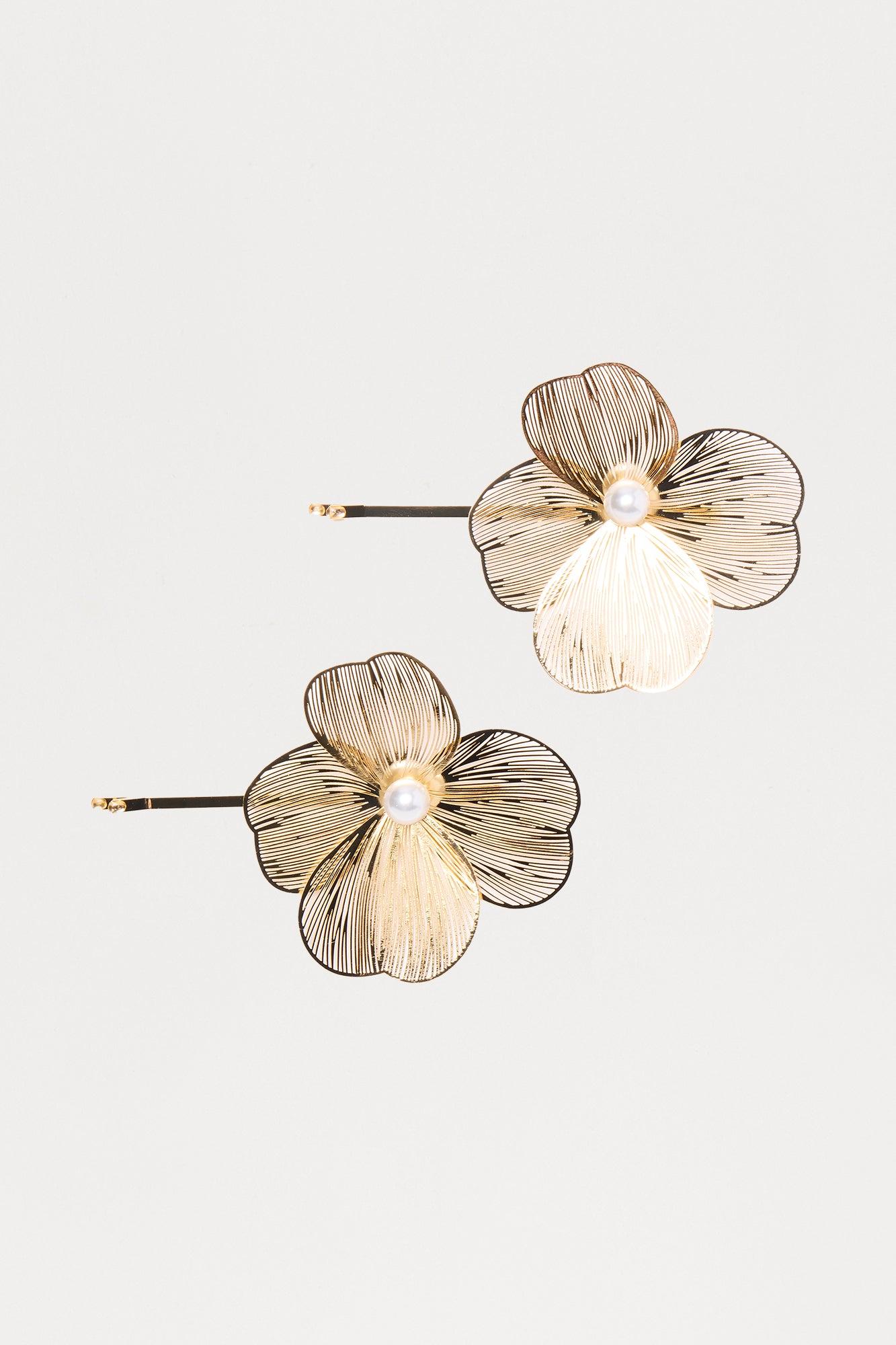 Pearly Florals 2 Piece Hair Barrette Set - Gold Product Image