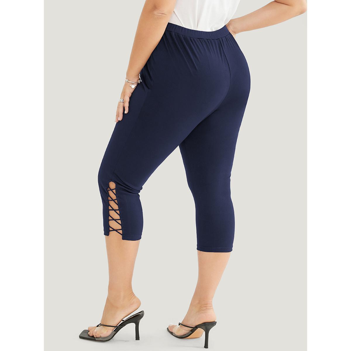 Plus Size Solid Crisscross Hem Skinny Leggings Women DarkBlue Casual High stretch Skinny Mid Rise Dailywear Leggings BloomChic 28/5X Product Image