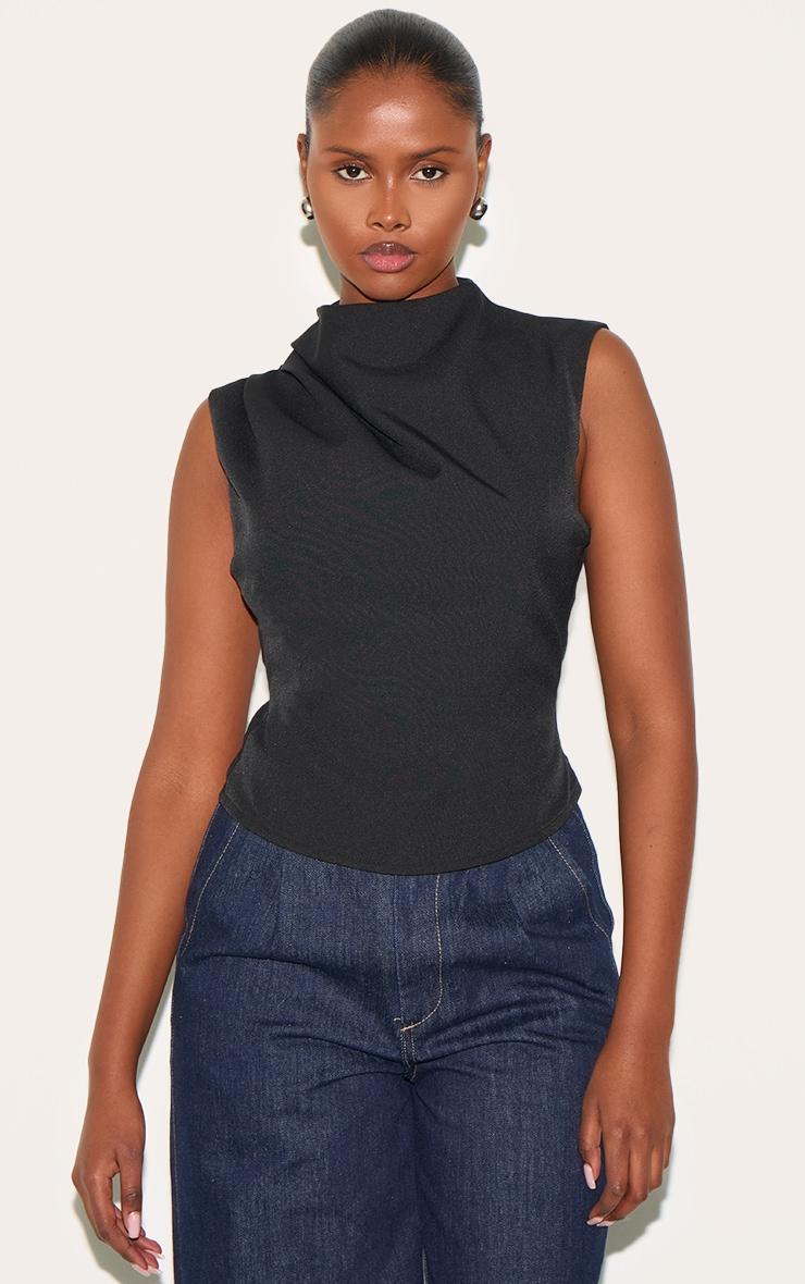 Black Woven Ruched High Neck Top Product Image