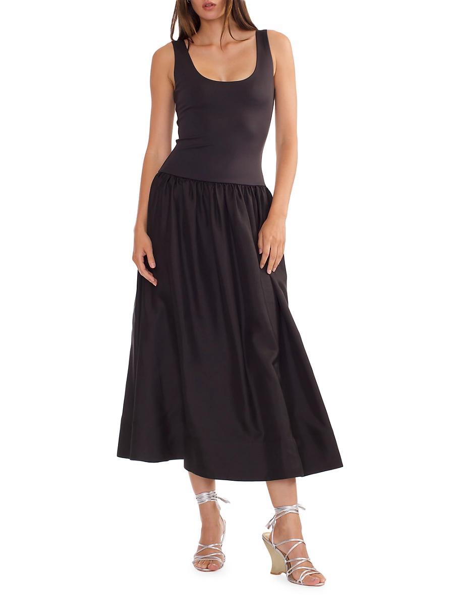 Womens Mixed Media Dropwaist A-Line Midi-Dress Product Image