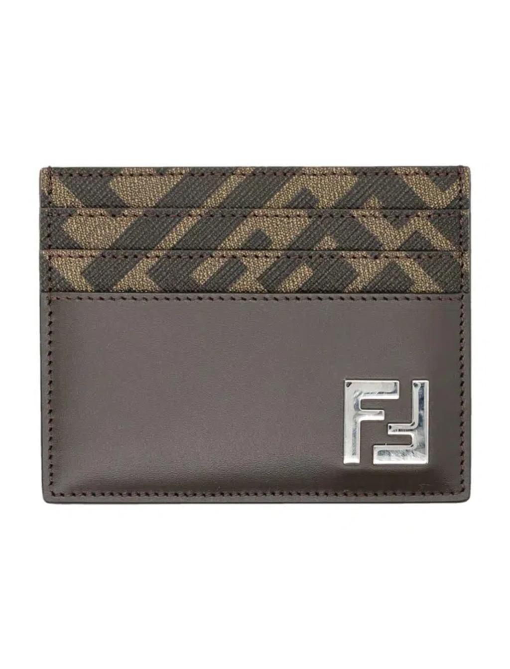 FENDI Brown Card-holder With Squared Ff Motif In Leather And Ff Canvas Man In Ebony Product Image